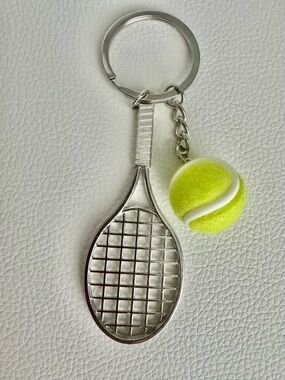 New Tennis Racket & Tennis Ball Keychain - Neon Yellow Accent